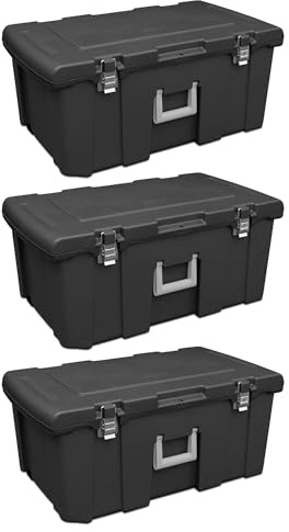 Sterilite 3-Pack Wheeled Footlocker, Lockable Plastic Utility Storage Bins w/Lids, Black - Heavy-Duty Organizing Containers for Home, Office, Garage, and Basement