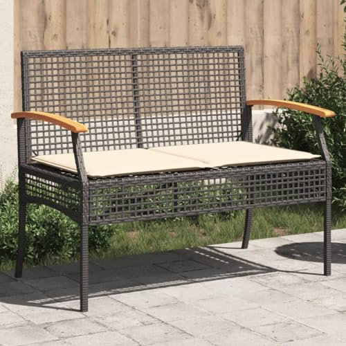Homgoday Balkonbank, Gartenbank mit schwarzem Kissen aus Polyrattan und Akazienholz, Balkonbank, Gartenbank, robuste Bank für Terrasse Enterno k