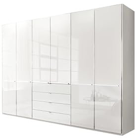 WIEMANN Drehtürenschrank mit 4 Schubkästen hochwertiger Kleiderschrank Schlafzimmerschrank 300cm breit, mit Schubladen, Glas Weiß, Höhe 216cm, Shanghai