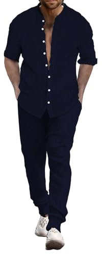 Junger Herrenanzug Slim Fit Herren Sommer Atmungsaktiv Zwei gerollte Ärmel Hemd Hose Set Herren Sportbekleidung Herren Zweiteilige Sportbekleidung, navy, M