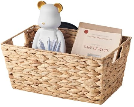 Eden & Willow Natural Water Hyacinth Woven Storage Basket with Handles | Wicker Shelf Baskets for Home Decor and Bathroom Organisation | Handmade Stackable Gift Hamper Basket (1, Medium)