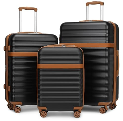 KONO Koffer Trolley Kofferset 3 Teilig Reisekoffer von ABS+PC Hartschalenkoffer mit 4 Rollen TSA Schloss (Schwarz/Braun,Set)