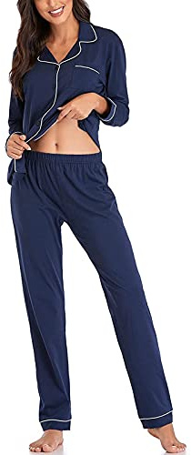 Pigiama a Maniche Lunghe in Cotone con Bottoni a Maniche Lunghe da Donna in Colore Set da Pigiama Slim per la casa Pigiama Donna Estivo Allattamento Pigiama Morbido (Blue, L)