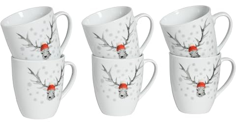 CreaTable, 21497, Serie Luna Hirsch, 6-teiliges Geschirrset für 6 Personen, Becherset aus Porzellan, spülmaschinen- und mikrowellengeeignet, Qualitätsproduktion