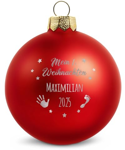 GRAVURZEILE Weihnachtskugel mit Gravur - Mein erstes Weihnachten - Personalisiert mit Namen & Jahr - Festliche Christbaumkugel für die Weihnachtsdeko - Farbe: Rot Matt - Größe: 8 cm
