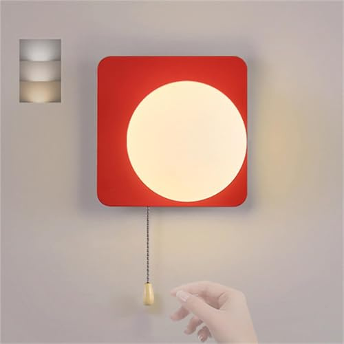 LED Wandleuchte Innen mit Zugkettenschalter Wandlampe G9 Kugelglas Leuchtenschirm Wandlicht Moderne Minimalistische Dreifarbig Einstellbar Wandbeleuchtung für Schlafzimmer Wohnzimmer (Rot,Quadrat)