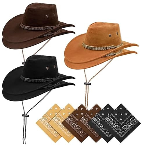 HzDazrl 12 Pieces Cowboy Hats and Bandanas Bulk Women Men Cowgirl Hat Sets Roll-up Wide Brim Western Cap with Neckerchief (Style B, ONE SIZE)