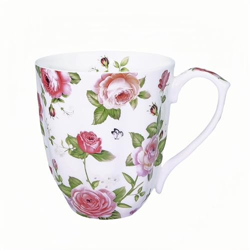 Glen Mila Jolie tasse à café en porcelaine anglaise de 368,5 g pour femme, tasse à café mignonne, tasse de Noël, cadeau d'anniversaire pour maman et amie (tasse de jardin avec rose blanche)