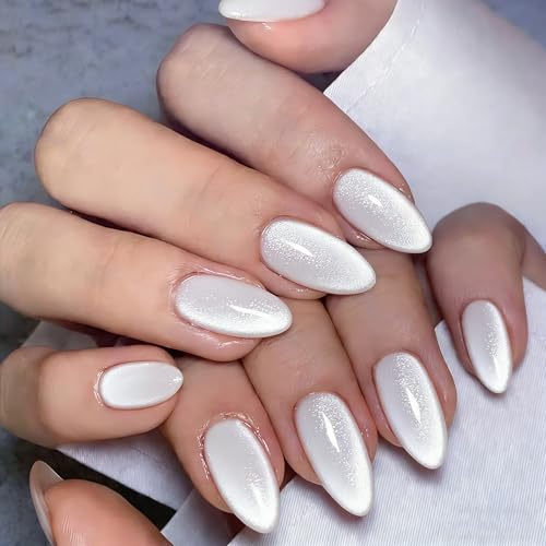 KQueenest Cateye Press On Nails - 30 Stück Glitzer Weiß Nägel zum Aufkleben Kurz Mandel, Sparkle Bling Fake Nails Künstliche Fingernägel zum aufkleben, Glänzende Acryl Nägel für Frauen Maniküre