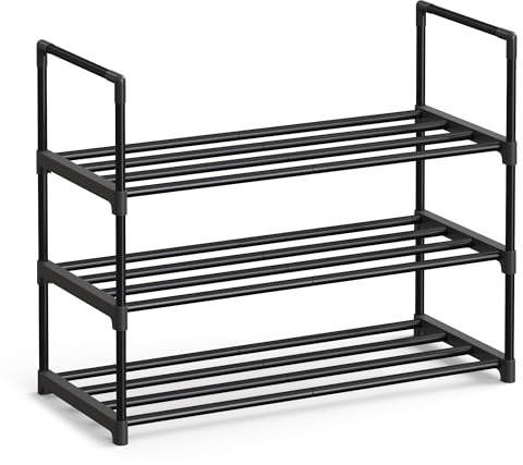 SONGMICS Schuhregal 3 Ebenen, Schuhständer Metall, Schuhaufbewahrung, Schuh-Organizer, aufrecht oder umgedreht, für 8-12 Paar Schuhe, stapelbar, Flur, 30 x 68 x 55 cm, schwarz LSA203B01