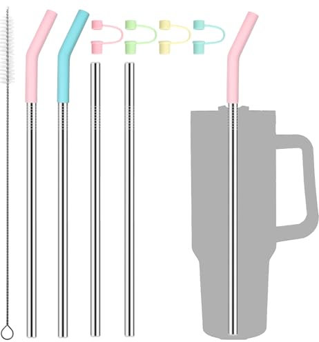 Stainless Steel Straws with Silicone Tips Replacement Straws for Tumbler 40oz with 2 Pack Silicone Straw Extenders 4 Colourful Dust Caps Metal Straws Cleaning Brush Reusable Drinking Straw Set