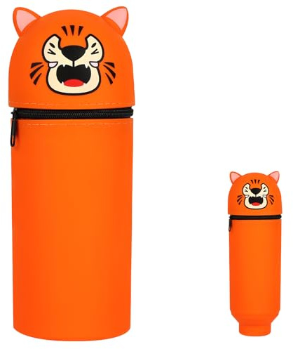 AUYAO 2-in-1 Silikon Federmäppchen Kawaii Federtasche aus Weichem Silikon Schulmäppchen für Mädchen Junge Kind Mäppchen Tiere Stifthalter Einziehbares Federmappe Federmäppchen mit Reißverschluss-Tiger