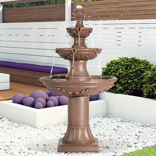TITIMO 48 High Italian Feature Freestanding Water Fountain Outdoor and Indoor,3-Tier Roman Pillar Waterfalls Fountains for Garden,Patio,Yard,Deck,Backyard,Porch (Brown)