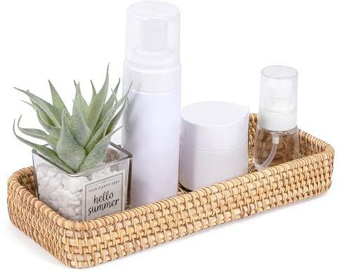 Rattan Badezimmer Eitelkeit Tabletts Geflochten Toilettenbehälter Korb Aufbewahrung, Lange Schmale Gäste Handtuchhalter für Lagerung, Dekorativ Toilettenbehälter (Natürliche 26.5 x 11 x 4cm)