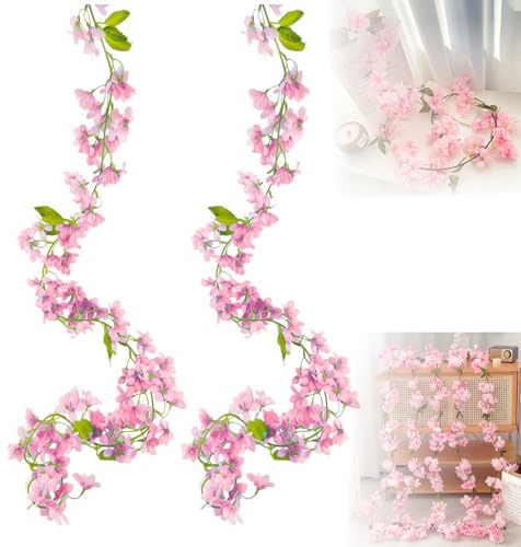 FENGJIAHUI 2 Stück Künstliche Deko, Blumengirlande, Kirschblütengirlande, Blumen Girlande, Künstliche Blumengirlande Deko, Party Hochzeit, Kirschblüten (Stil 1 Hellrosa 370MM)