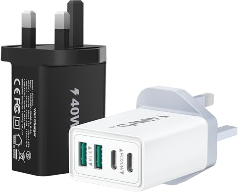2-Pack USB C Plug Fast Charge, 40W 4-Port Multi USB Plug Charger UK Dual USB-C Power Adapter + QC Wall Mains Charger Head Type C Charging Plug for iPhone 17 16 15 14 13 12 11 Pro Max, iPad, Samsung