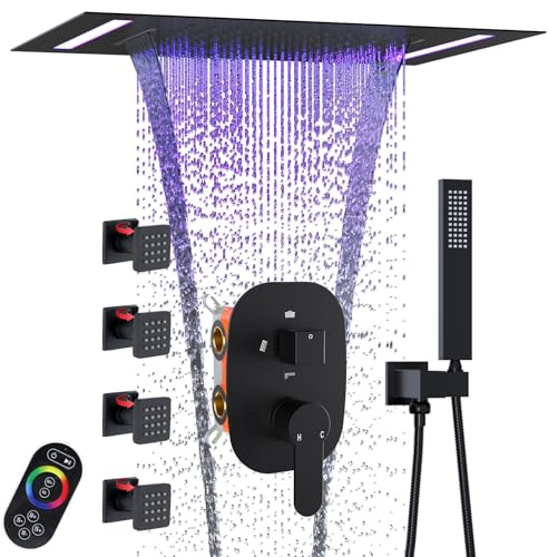 Delnet 4-Function Luxury Shower System with Body Jets & 2-in-1 LED Rainfall Shower Head, Matte Black