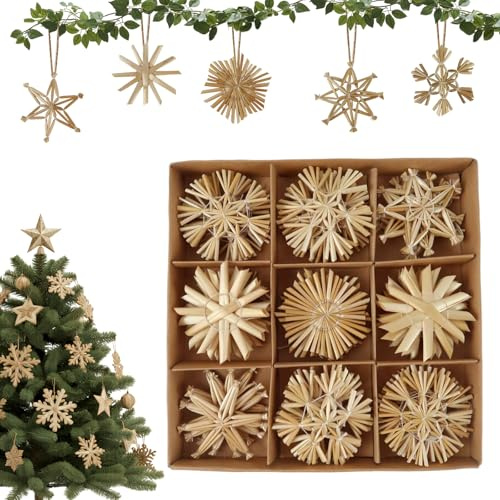 36 Stück Strohsterne Set 6cm Baumschmuck Weihnachtsdekoration Christbaum Schmuck Stroh Natürlicher Christbaum Behang