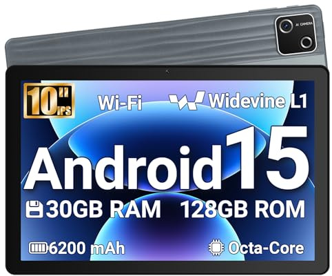 Vekoy Tablet 10 Zoll Android 15 GMS-Zertifiziert, 30GB RAM + 128GB ROM (2TB TF), Octa-Core, 6200mAh, 1280x800 HD, WiFi 6, BT 5.3, Widevine L1, 5MP+8MP Kamera, Tablet PC, Grau – 2026