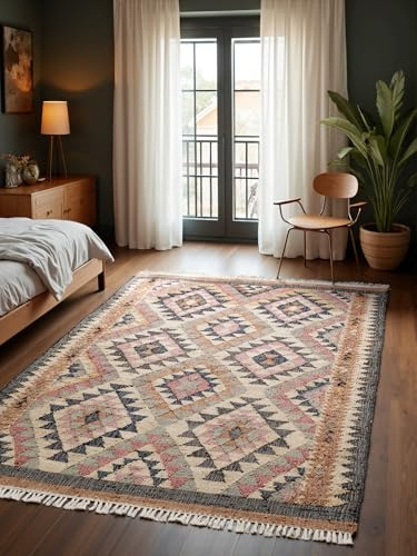 Elle Decoration Afghan Kelim Parsa - Bunter Traditioneller Wohnzimmerteppich, Handgewebt, Jute & Baumwolle mit Fransen für Wohnzimmer, Schlafzimmer - Creme Multifarben, 80x150 cm