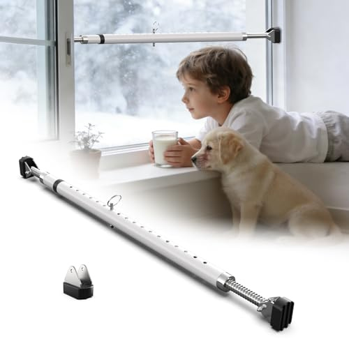 3-H Fönstersäkring inbrottsskydd utan borrning, teleskopstång 67–116 cm klämstång av stål med ersättningshalkfri gummifot, säkerhetsstång för fönster, balkongdörr, skjutdörr som säkerhetsstång, vit