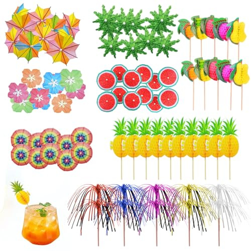KEORHEZ 80 Stück Cocktail Deko,Mehrzweck Cocktail Feuerwerk Sticks,Gemischte Farben Cocktailschirmchen,Bunte Frucht-Zahnstocher Wiederverwendbar Ideal für Strand,Party- und Catering-Dekorationen
