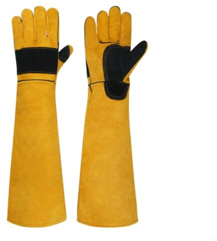 Guanti da lavoro in pelle bovina ispessita, lunghi 60 cm, protezione antigraffio per saldatura, giardinaggio e addestramento di gatti/cani (giallo)