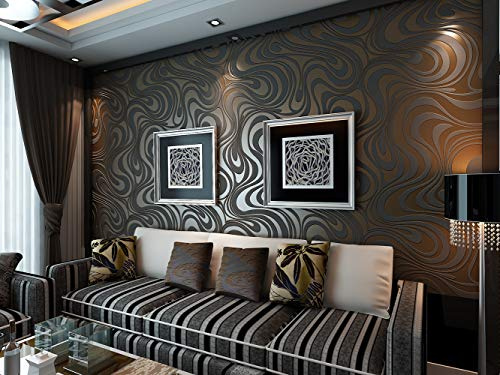 HANMERO Papier peint de luxe moderne 3D courbe abstraite bandes floquées non-tissées pour salon/chambre à coucher Rouleau de papier peint 0,7 m (2,29 pi l) x 8,4 m (27,56 'L) = 5,88 ㎡ (63,11 pieds carrés) (noir et marron)