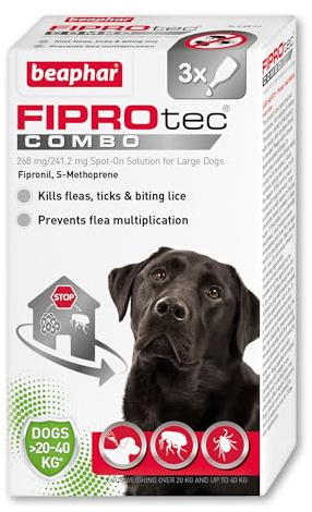Beaphar - FIPROtec® COMBO for Large Dogs (20-40kg) - 3 pipettes - Kills Fleas, Flea Eggs, Flea Larvae & Ticks - Stops Fleas Multiplying on Pet and in Home - Vet Strength Dog Flea Treatment