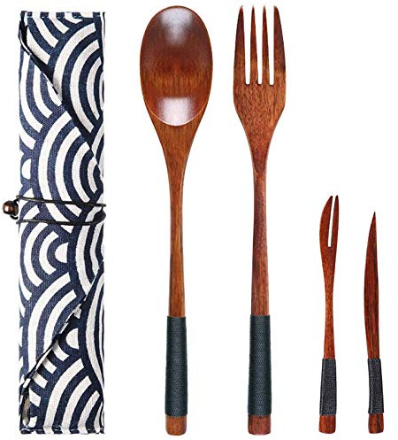EQLEF Holz Wiederverwendbare Besteck Set umweltfreundliche Besteck im japanischen Stil Geschirr Kit für Reisen Camping Bento Mahlzeit Gabel Löffel kleine Frucht Kuchen Messer Gabel Set - 4 Stück