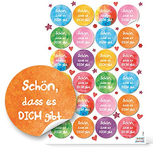 Spruchaufkleber, 24er Set: Runde Sticker mit Sprüchen, Aufkleber Rund, Spruch Schön Dass Es Dich Gibt, Geschenkaufkleber Sprüche, Zum Aufkleben, Erwachsene & Kinder, Geschenk Freundschaft, ⌀ 4 cm