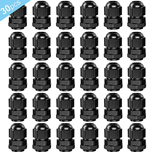 QitinDasen 30Pcs Premium Nylon PG9 Kabelverschraubung, 4～8mm Verstellbare IP68 Wasserdichte Kabelverschraubungen Gelenke, Wasserdichte Kabelsteckverbinder mit Dichtungen (Schwarz)