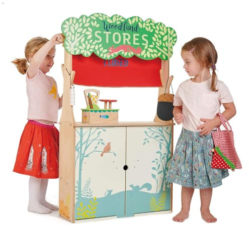 Tender Leaf Toys Woodland Store and Puppet Theater – 2 Sided Reversible Grocery Stand and Hand Puppeteer Stage - Social, Creative, and Imaginative Development – Expressive Role Play – Ages 3 Years +