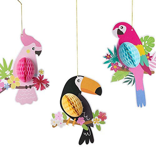 ANCLLO - 3 Bolas de Papel de Panal de pájaros Tropicales para Colgar pájaros, tucán, Loros, Decoraciones para Luau, Decoraciones de Fiesta de cumpleaños Tropicales de Verano