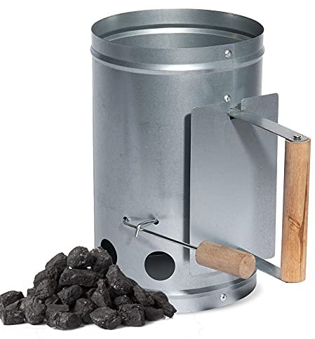 aRVe Chimney Starter Galvanised Steel Charcoal Lighting Kit for Barbecue Coal, Portable Camping BBQ, Garden Log Burner with Safe Wooden Handle Release Trigger Knob