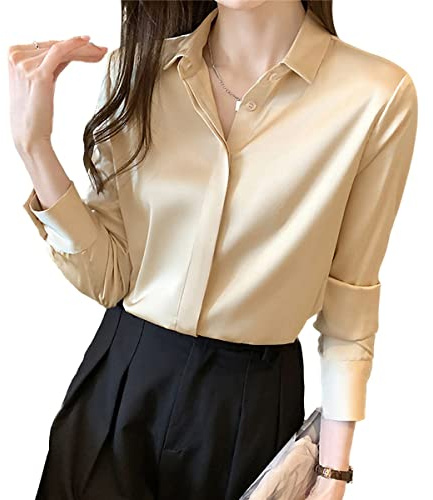 Tomwell Femme Chemisier en Satin Tops Col en V Chemisier Bouton Décontracté à Manches Longues pour Femmes Lâche Blouse Automne Chemise de Travail Elegant Shirt Hauts Tops A Champagne L