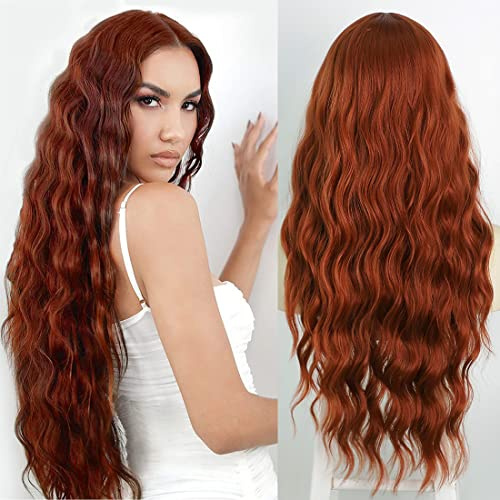 Damen Lang Auburn Kastanien Braun Gewellte Perücken, TANTAKO Lange Kupfer Rote Kunsthaar perücke mit Kleiner Lace, Rot Braun Halloween Cosplay Perücke (380 Kupferrote)