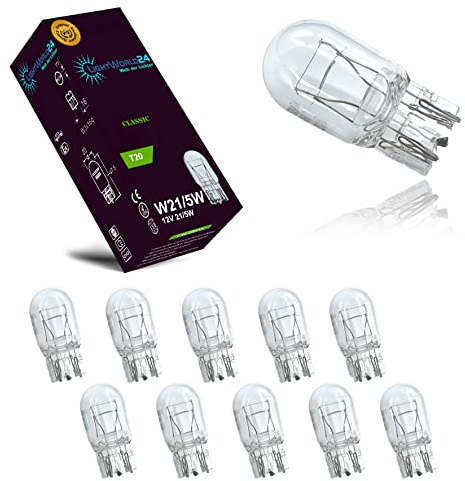 LIGHTWORLD24 10 x Lampadine Auto T20 W21/5W 12V W3x16q, Lampadine alogene con attacco in vetro per luci freno, luci diurne, luci posteriori, luci di parcheggio, omologate E