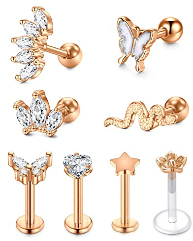 VFUN 16G Tragus Piercing mit Schmetterling Schlange Diamond CZ Chirurgenstahl Helix Piercing Ohr Conch Piercing Stecker Ohrpiercing Damen Tragus Piercing