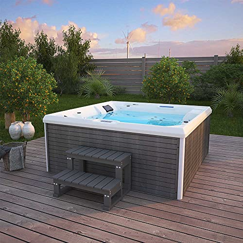 Home Deluxe - Outdoor Whirlpool - Stream Big Plus Treppe und Thermoabdeckung - Maße: 208 x 208 x 88 cm - Inkl. Heizung, 34 Massagedüsen und 4 äußeren Lichtquellen I Außen Whirlpool Spa für 5 Personen