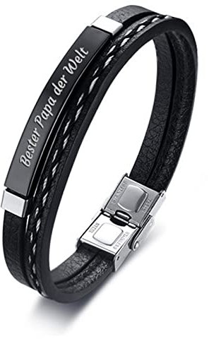 Bishilin Partnerarmbänder Leder mit Gravur, Armband Männer Personalisiert Schild Bester Papa der Welt Herren Armband 19.5CM Charms Schwarz