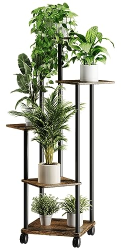 Venhvorer 5 Tier Hölzern Blumenregal Pflanzenregal mit optionalen Rollen, Mehrstöckig Blumenständer Pflanzenständer Blumenbank Blumentreppe Pflanzentreppe Standregal für Innen und Außenbereich