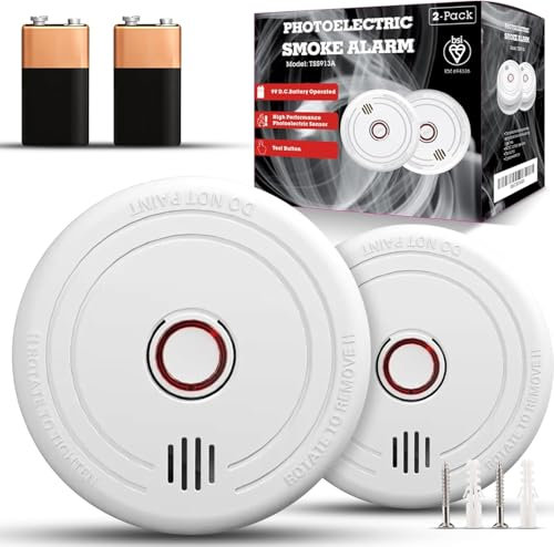 2 Pack Smoke Alarms for Home – 10-Year Life Fire Alarms with 5-Year Replaceable Battery, EN14604 Certified Photoelectric Smoke Detector with Silence Button, LED Light, for Kitchen, Caravan, Office