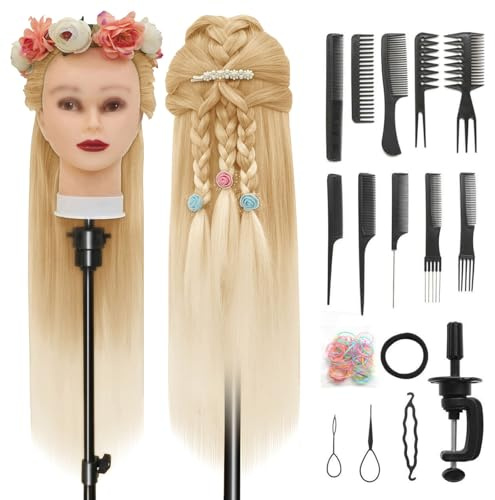 Träningshuvud, 28 inch Frisörsträningshuvud 100% syntetisk fiber hår styling huvud, träningshuvud frisör huvud med gratis klämma och DIY flätning set (27-613)