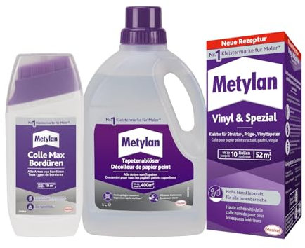 Metylan Vinyl und Spezial, transparent (1x360g) & Metylan Bordüren Klebstoff (1x250g) & Metylan Tapetenablöser Aktiv-Konzentrat, löst schnell und problemlos (1x 1l)
