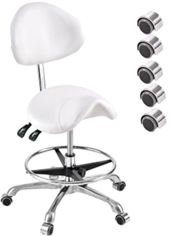 Sattelhocker Hydraulischer Sattelstuhl mit Rückenlehne, Fußstütze und PU-Rädern, Ergonomischer, Drehbarer, Rollender Sattelhocker, Robuster Dental-Sattelsitz für Schönheitssalons ( Color : White )