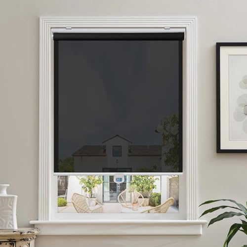 AOSKY Cordless Roller Shades for Windows Light Filtering Shades with 5% Openness Solar Screen Semi Sheer Roller Blinds UV Protection for Office and Home. Easy to Install 26 W x 72 H (Black)