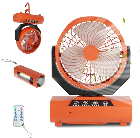 Ansobea Zeltventilator mit Haken & LED-Laterne, Tragbar 20000mAh Akku 2-in-1 Camping-Ventilator, 270° schwenkbar 3 Geschwindigkeiten, USB Ventilator für Büros,Schlafzimmer,Camping(Orange)
