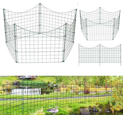 Fiqops Teichzaun Gartenzaun Steckzaun Komplettset Metall 10 Zaunelemente Länge 7,5 m, Inkl 12 Befestigungsstäbe, Hundezaun, Gitterzaun Set für Tierbarriere (Unterbogen,Grün)