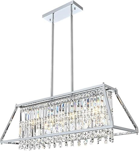A1A9 Kristall-Kronleuchter für Esszimmer, 4-flammige trapezförmige industrielle K9-Kristall-Pendelleuchten mit verchromtem Metallrahmen, Pendelleuchte für Kücheninsel, Wohnzimmer, Eingangsbereich